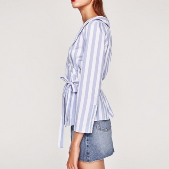Zara v-neck Striped Long Sleeve Wrap Blouse Medium - Picture 2 of 6